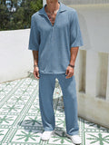 Coverwin Summer Men's Set Half Sleeved Shirt and Long Pants Two-piece Turn-down V-neck Casual Streetwear Holiday Loose Suit Hot Sales