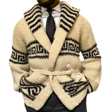 Coverwin Autumn Winter Men Thicken Jacquard Knitted Cardigan Coat Vintage Turndown Collar With Waistband Thick Needle Sweater Streetwear