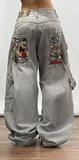 Coverwin Y2K baggy Jeans Retro Embroidery High Quality Jeans Fashion Hip Hop Gothic Street Harajuku Loose Wide Leg Jeans Mens and Womens