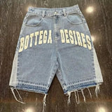 Coverwin 2000s Bottega Desires Pieces Skateboard Denim Shorts Letter Cartoon Patchwork Loose Jeans Wide Leg Pants Harajuku Rock Pants Men