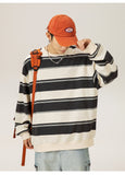 Coverwin Retro Stripes Clashing Colour Splicing Round Collar Sweatshirt Men Autumn Loose Couple Pullover Bottom Shirt Men and Women Soft