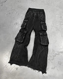 Coverwin American Vintage Gothic Black Y2K Washed Multi-Pocket Spliced Raw Edge Jeans Mens Loose Street Trend Hip Hop Rap Wide Leg Pants