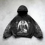 Coverwin Harajuku goddess print hoodies women goth new couples goth hoodie skull y2k tops oversized sweatshirt streetwear gothic clothes