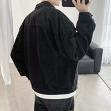 Coverwin Men Winter Outfit Black Denim Short Jacket Men Turn Down Collar Bomber Jacket Jeans Coats Casual Pockets Overalls Streetwear Man Clothing Outwear