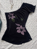 Coverwin-Vintage Punk Sexy T Shirt Women Clothes 90S Summer Flower Off Shoulder Gothic Casual Slim Tees Girl Crop Femme T shirts Y2k Tops