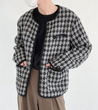 Coverwin 2024 New Fashion Men Spring outfit  No. 5300 KNITTED TWEED PLAID COLLARLESS BUTTON-UP JK