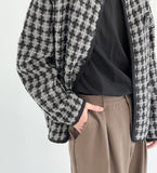 Coverwin 2024 New Fashion Men Spring outfit  No. 5300 KNITTED TWEED PLAID COLLARLESS BUTTON-UP JK