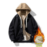 Coverwin Winter New Men's Loose Casual Jacket Fashionable Hooded Zipper Fleece Cardigan Solid Color Fake Two-piece Men's Hoodie Jacket