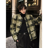 Coverwin Men Winter Outfit Men's Tweed Plaid Blazers Cardigan Autumn Winter Trend Collarless Short Jacket Fashion Green Korean Style Chic Elgance Coat