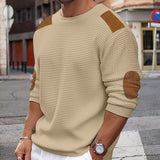 Coverwin Men Patchwork Suede Knit Sweater Slim Fit Long Sleeve O-neck  Knitwear Spring Autumn Fashion Knitted Pullover Tops Streetwear