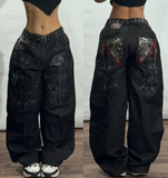 Coverwin-Gradient Pocket Letter Loose Trousers Chic Niche Design Retro y2k High Waist Skateboard Hip Hop High Street Denim Sports Jeans