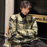 Coverwin Men Winter Outfit Men's Tweed Plaid Blazers Cardigan Autumn Winter Trend Collarless Short Jacket Fashion Green Korean Style Chic Elgance Coat