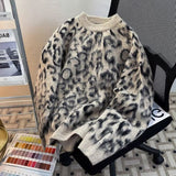 Coverwin Outfit Trendy American Street Ins Rice Leopard Print Jacquard Round Neck Sweater Men's Autumn Winter Retro Y2K Niche Lazy Style Sweater