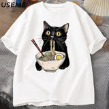 Coverwin Outfit American Ins Personality Simple Noodle Ramen Print Cat T-shirt Food Lovers Retro Casual Short-sleeved T-shirt for Men and Women