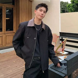 Coverwin Autumn Korean Fashion Turn-down Collar Zipper Jackets Men High Street Patchwork Coats Y2K Vintage Casual College Bomber Jacket