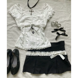 Coverwin-Y2k Top Lace White Slim Kawaii Cute Women Clothes T shirt Suit Harajuku Sexy Sweet Girl Japanese Grunge Crop Top 2000s Tshirts