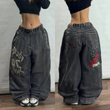 Coverwin Y2K Fashion New Letter Patch Embroidery Washing Old Baggy Jeans Women Street Vintage Gothic Hip Hop Pop High Waist Wide Leg Pant