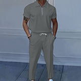 Coverwin Casual Mens Corduroy Suits Short Sleeve Zipper Polo Shirts And Pants Mens Two Piece Sets Streetwear 2025 Summer Fashion Outfits