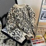 Coverwin Outfit Trendy American Street Ins Rice Leopard Print Jacquard Round Neck Sweater Men's Autumn Winter Retro Y2K Niche Lazy Style Sweater