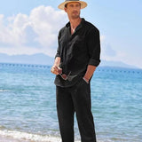 Coverwin Mens Casual Cotton Linen Two Piece Sets Beach Vintage Basic Shirts and Pants Solid Color Casual Suit Male Hawai Tracksuits Set