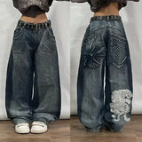 Coverwin 2024 New American Harajuku Vintage Straight High Waist Y2K Women Washed Blue Pocket Baggy Jeans Street Style Gothic Wide Pants