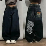 Coverwin American New Embroidered Jeans Y2K Retro Hip Hop Pattern Jeans Men's Women's High Street Gothic Loose High Waist Wide Leg Pants