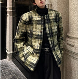 Coverwin Men Winter Outfit Men's Tweed Plaid Blazers Cardigan Autumn Winter Trend Collarless Short Jacket Fashion Green Korean Style Chic Elgance Coat