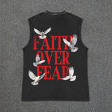 Coverwin Men's Vintage Faith Over Fear Print Acid Washed Tank Top