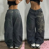 Coverwin 2024 New American Harajuku Vintage Straight High Waist Y2K Women Washed Blue Pocket Baggy Jeans Street Style Gothic Wide Pants