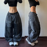 Coverwin Streetwear New Fashion Multi-pocket Black Washed Baggy Jeans Female Y2K Gothic Casual Harajuku Popular High Waist Wide Leg Pants