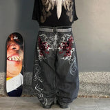 Coverwin Y2K New Street Harajuku Pattern Jeans Black Baggy Jeans Hip Hop Retro Style Denim Pants Men's and Women's High Waist Wide Pants