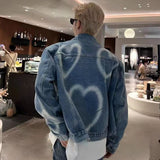 Coverwin Outfit Fashionable Korean Street Ins Love Graffiti Denim Jacket Men's Handsome Punk Ins Niche Personality High-end Casual Jacket Top