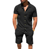 Coverwin Spring And Summer New Sports Men's Sets Casual Solid Color Loose Button Short-sleeved Waffle Drawstring Shorts Cardigan Striped