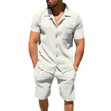 Coverwin Spring And Summer New Sports Men's Sets Casual Solid Color Loose Button Short-sleeved Waffle Drawstring Shorts Cardigan Striped