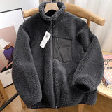 Coverwin Outfit 2024 Spring New Korean Hot Style Zipper Loose Stand-up Collar Sweater Couple Style Windproof Pocket Warm Lamb Wool Jacket