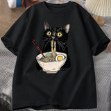 Coverwin Outfit American Ins Personality Simple Noodle Ramen Print Cat T-shirt Food Lovers Retro Casual Short-sleeved T-shirt for Men and Women