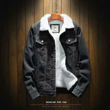 Coverwin Winter New Men's Retro Fleece Denim Jacket, Solid Color Warm Collar Jacket, Daily Casual Single Breasted Men's Clothing