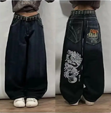 Coverwin-Y2K Retro Street Jeans Black Print men's New High Street Hip-hop Loose Wide-leg Pants Harajuku High Waist Denim Trousers Women