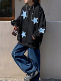 Coverwin Star Hoodie Men Retro Zip Up Harajuku Casual Gothic Print Hooded Sweatshirt Y2K Streetwear Long Sleeve Loose Black Jacket Coats