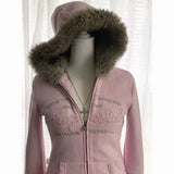 Coverwin-Winter Warm Thickening Pink Fashionable Element Hoodies Comfortable Fur Collar Hood Collar Design Zip Up Cardigan New Clothes