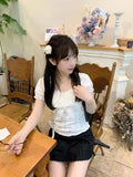 Coverwin-Y2k Top Lace White Slim Kawaii Cute Women Clothes T shirt Suit Harajuku Sexy Sweet Girl Japanese Grunge Crop Top 2000s Tshirts