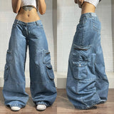 Coverwin Street New Fashion Blue Tooling Multi-pocket Baggy Jeans Women Y2K Harajuku Hip Hop Popular Casual Gothic High Waist Wide Pants