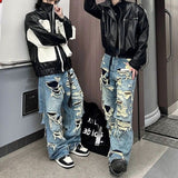 Coverwin Blue hole design high street popular high waisted jeans men y2k baggy hip hop fashion trend straight wide leg pants 2023 vintage