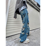 Coverwin Blue hole design high street popular high waisted jeans men y2k baggy hip hop fashion trend straight wide leg pants 2023 vintage