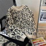 Coverwin Outfit Trendy American Street Ins Rice Leopard Print Jacquard Round Neck Sweater Men's Autumn Winter Retro Y2K Niche Lazy Style Sweater