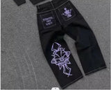 Coverwin Streetwear Jeans Y2K Mens Womens Harajuku Hip Hop Sakura Embroidery Retro Patch Heavy Baggy Jeans High Waist Wide Leg Trouser