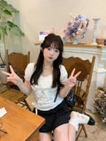 Coverwin-Y2k Top Lace White Slim Kawaii Cute Women Clothes T shirt Suit Harajuku Sexy Sweet Girl Japanese Grunge Crop Top 2000s Tshirts