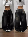 Coverwin Streetwear Fashion New Letters Embroidered Washed Baggy Jeans Women Y2K Harajuku Gothic Hiphop Popular High Waist Wide Leg Pants