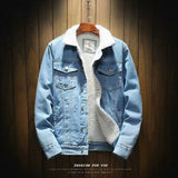 Coverwin Winter New Men's Retro Fleece Denim Jacket, Solid Color Warm Collar Jacket, Daily Casual Single Breasted Men's Clothing