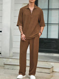 Coverwin Summer Men's Set Half Sleeved Shirt and Long Pants Two-piece Turn-down V-neck Casual Streetwear Holiday Loose Suit Hot Sales